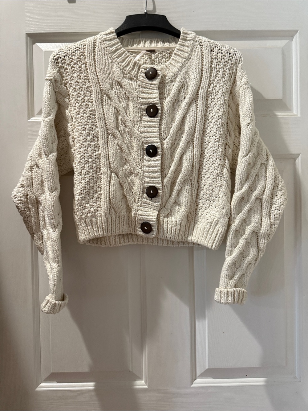 Cropped Cream Cable Knit Button-Front Sweater